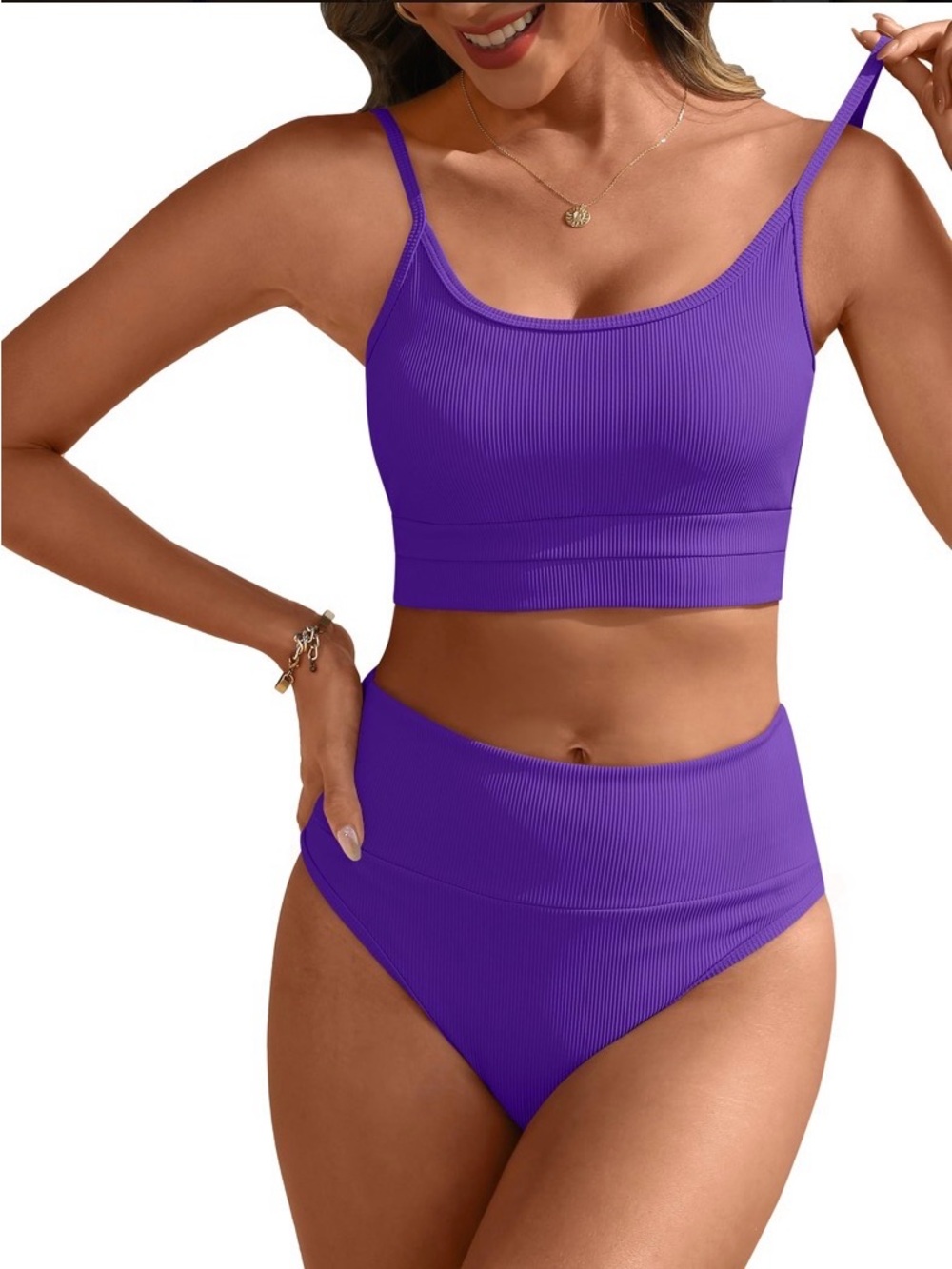 Ribbed Purple High-Waist Bikini Set